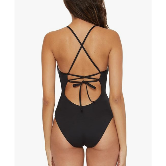 BECCA Women's Layla Plunge One-Piece Swimsuit Large Black Open Back NWT - Picture 2 of 12